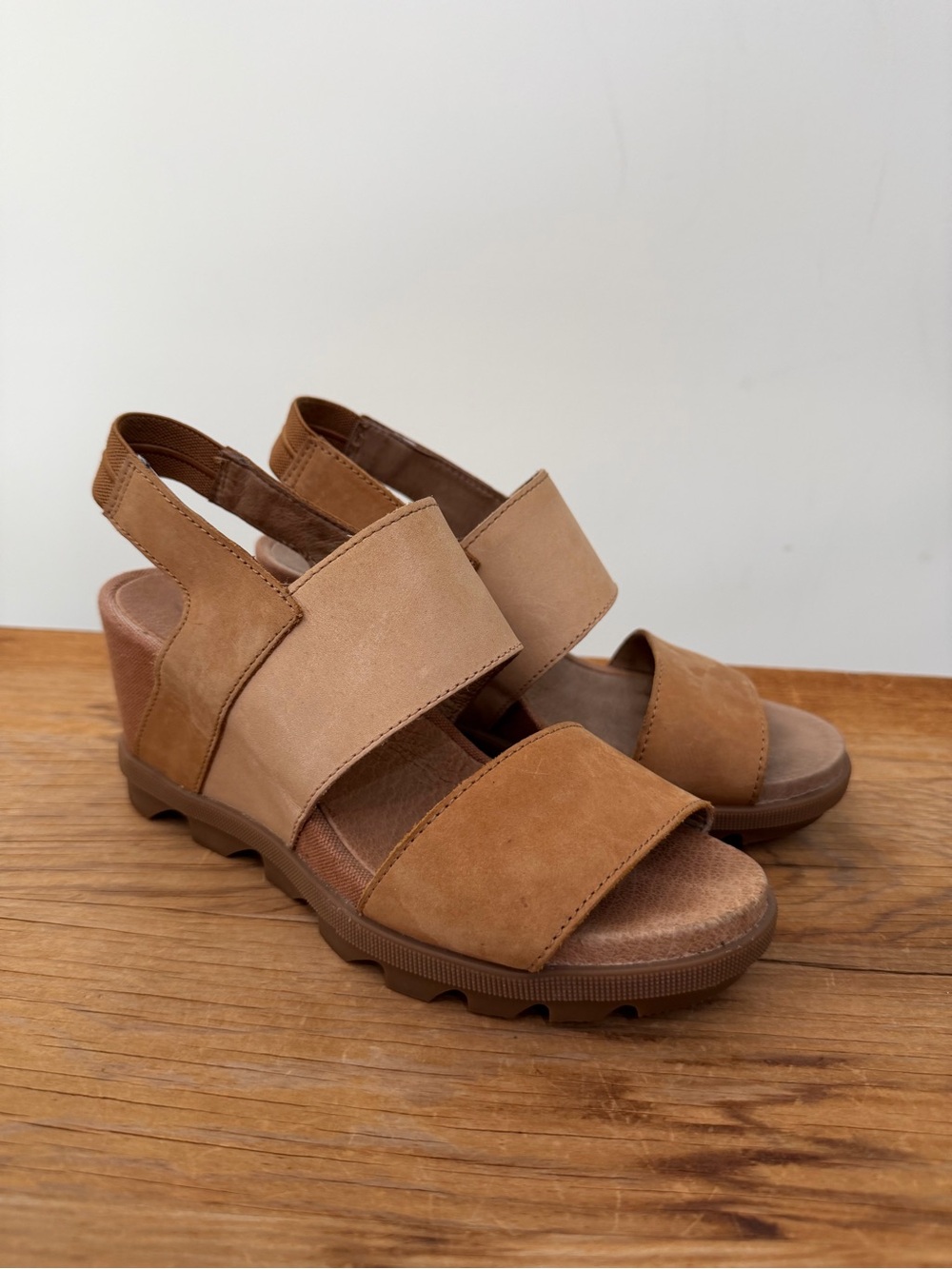 Sorel Joanie Li Leather Wedge Sandals Heels Brown Beige Shoes Women’s 6.5